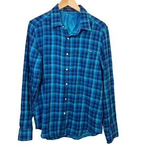 Chubbies Flannel Shirt Medium Blue Reversible Plaid Tropical Long Sleeve Snaps